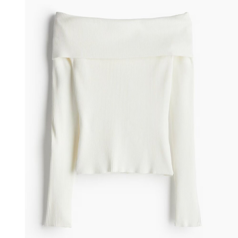 H&M White Rib-knit Off-the-shoulder Top, XS